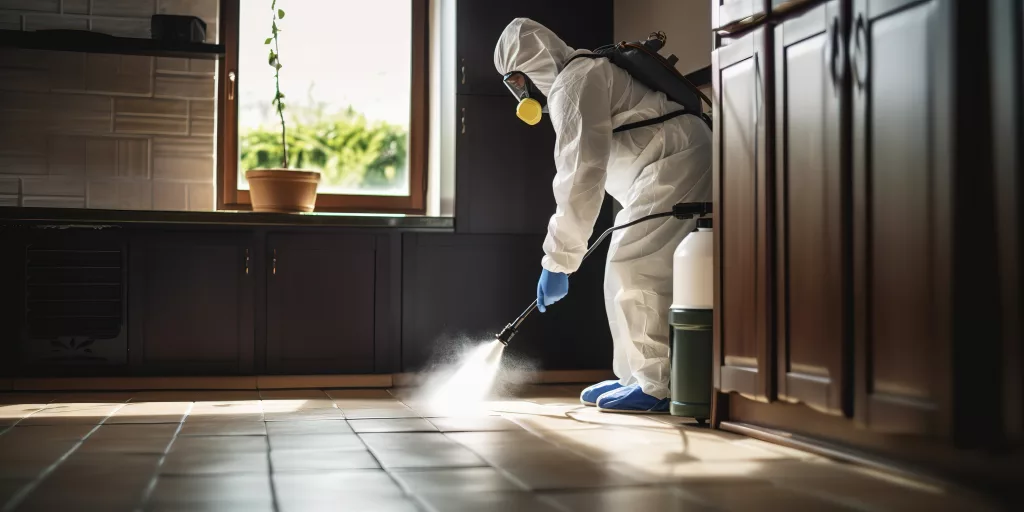 A guy from the pest control service in a mask and a white protective suit sprays poisonous gas.