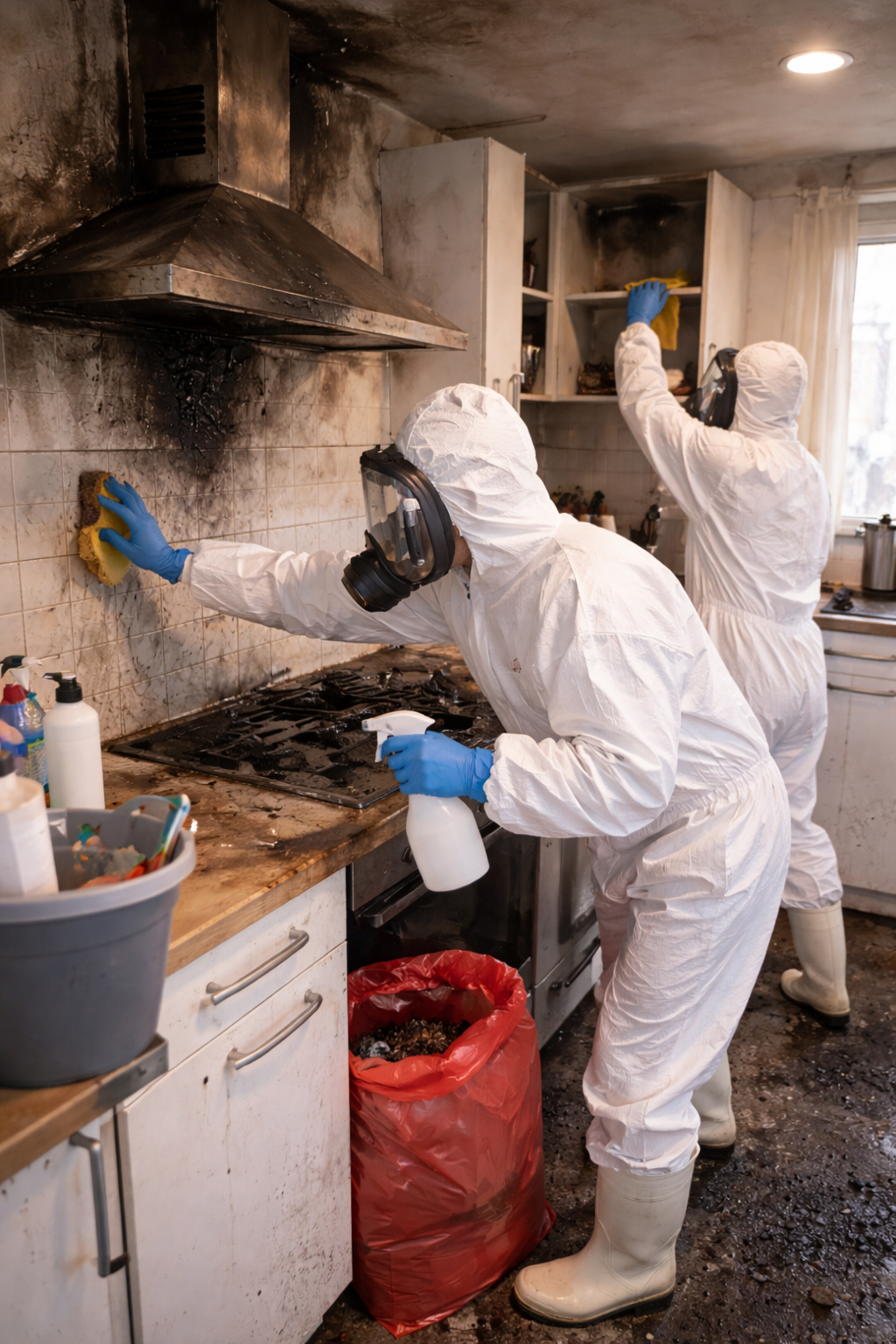 Équipe Novalia Services en combinaison nettoyage suie après incendie cuisine à Déville-lès-Rouen en Seine-Maritime