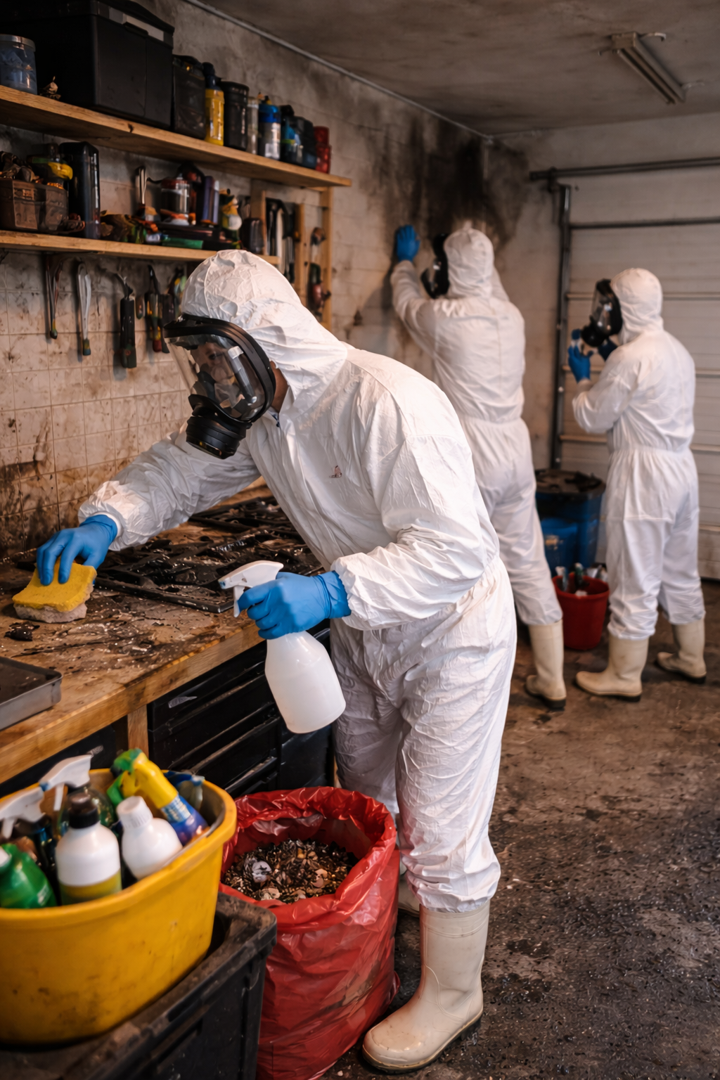 Techniciens Novalia Services nettoyage après incendie garage - Intervention professionnelle Déville-lès-Rouen 76250
