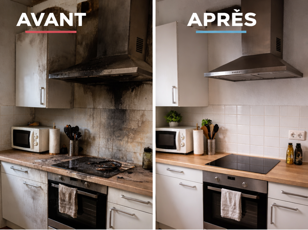 Avant après nettoyage incendie cuisine à Déville-lès-Rouen 76250 - Élimination suie et remise en état par Novalia Services en Seine-Maritime