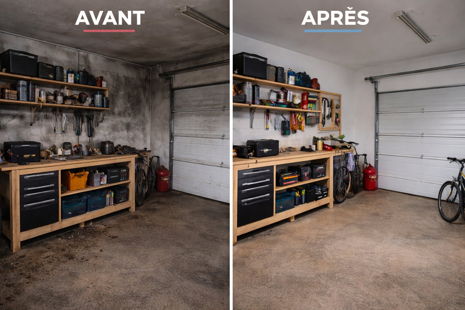 Avant après nettoyage incendie garage à Déville-lès-Rouen 76250 - Décontamination et remise en état par Novalia Services 76