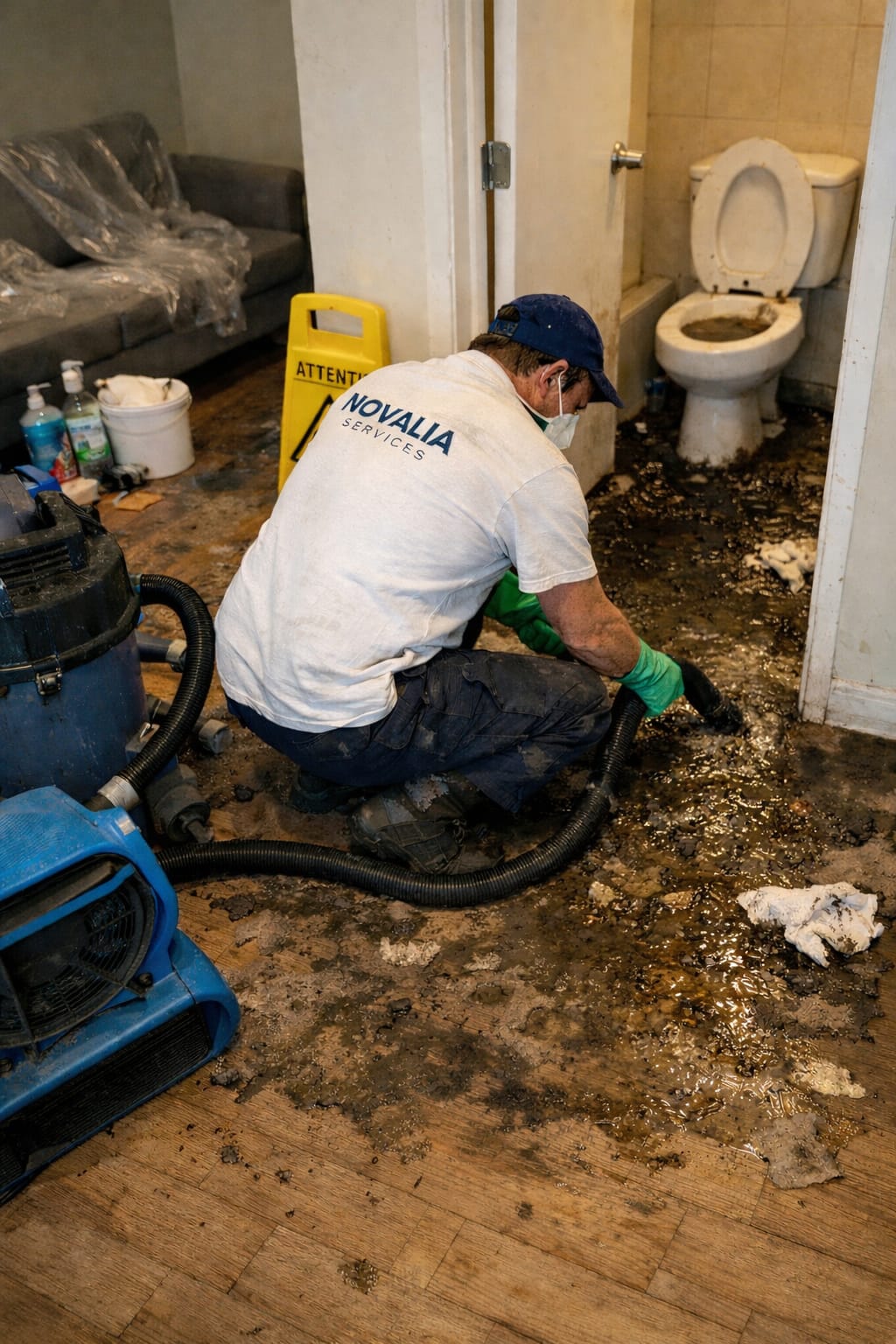 Équipe Novalia Services nettoyage refoulement eaux usées WC Aulnay-sous-Bois 93600