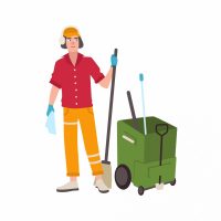 Young man wearing headphones and uniform standing beside mop bucket cart and holding broom. Male cleaning service worker or cleaner isolated on white background. Flat cartoon vector illustration