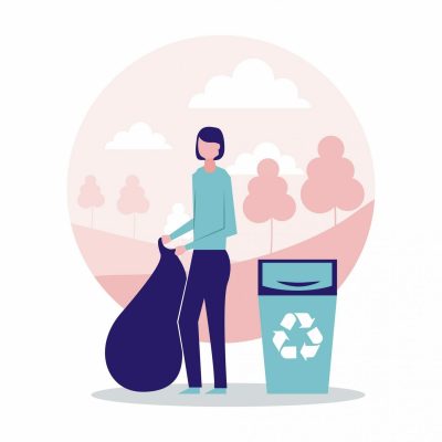 volunteers help woman holding bag recycling vector illustration